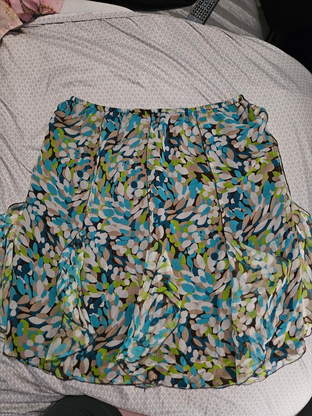 Y2K Women's Worthington 100% Silk Blue Green Polka Dot Print Tiered Skirt 004